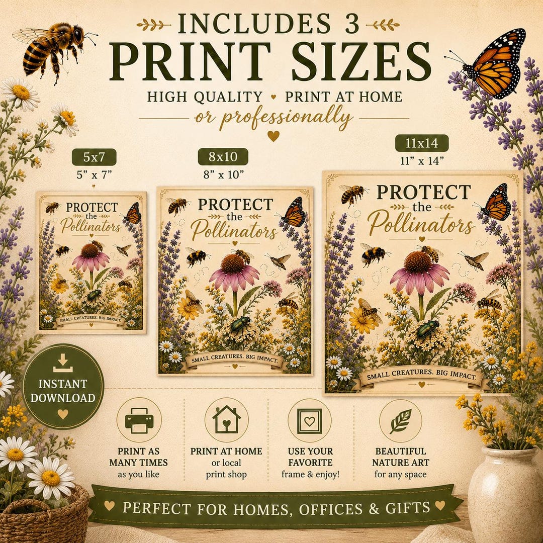Set of three Protect the Pollinators prints shown in multiple sizes