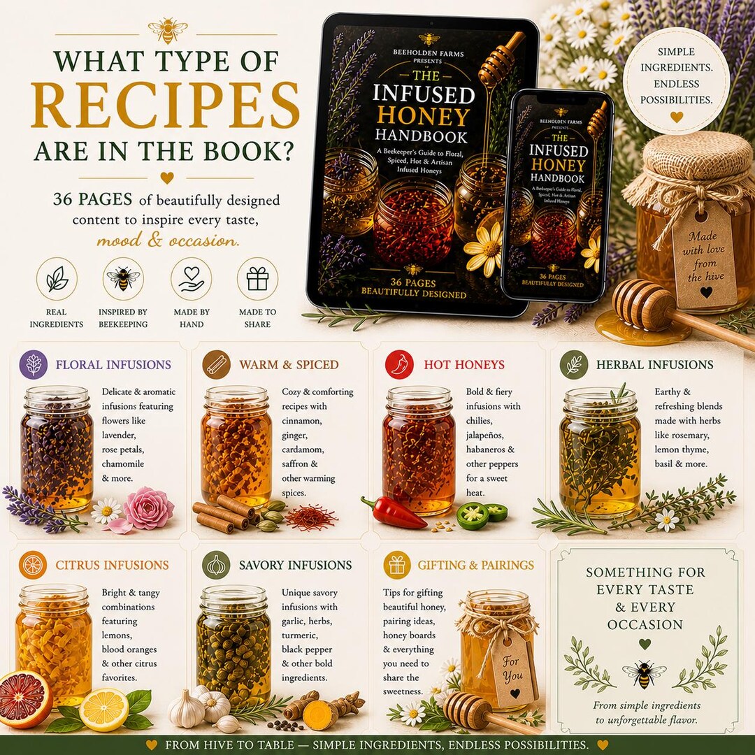 Infused honey recipe categories: floral, warm and spiced, hot, herbal, citrus, and savory
