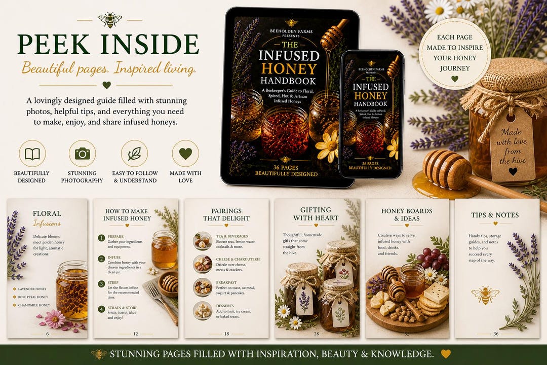 Peek inside the Infused Honey Handbook showing floral infusion, pairing, and gifting pages