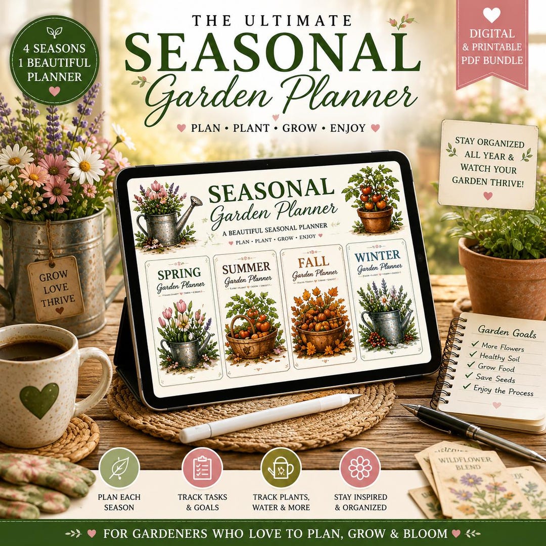 Seasonal garden planner bundle shown on a tablet with spring, summer, fall, and winter sections