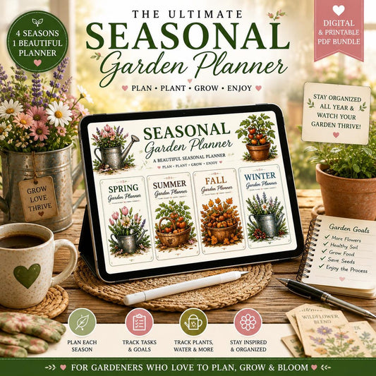 Seasonal garden planner bundle shown on a tablet with spring, summer, fall, and winter sections