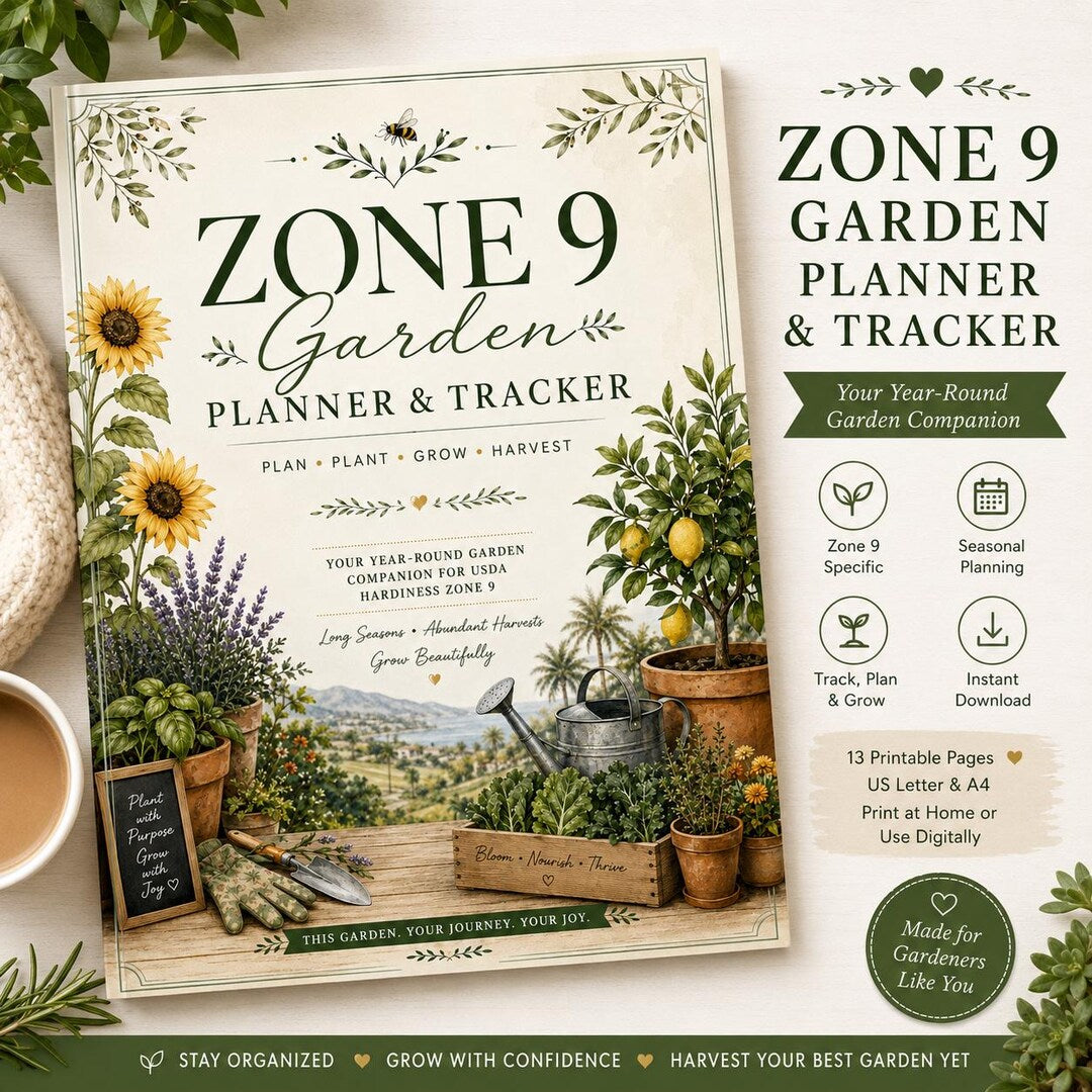 Zone 9 Garden Planner and Tracker cover with sunflowers and potted plants, 13 printable pages