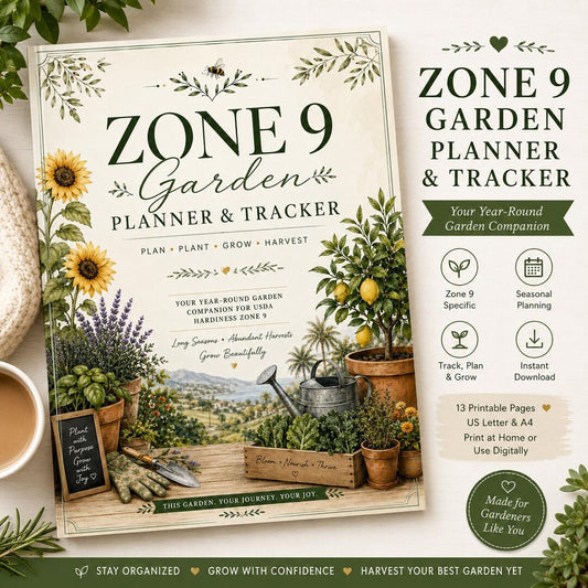 Zone 9 Garden Planner and Tracker cover with sunflowers and potted plants, 13 printable pages