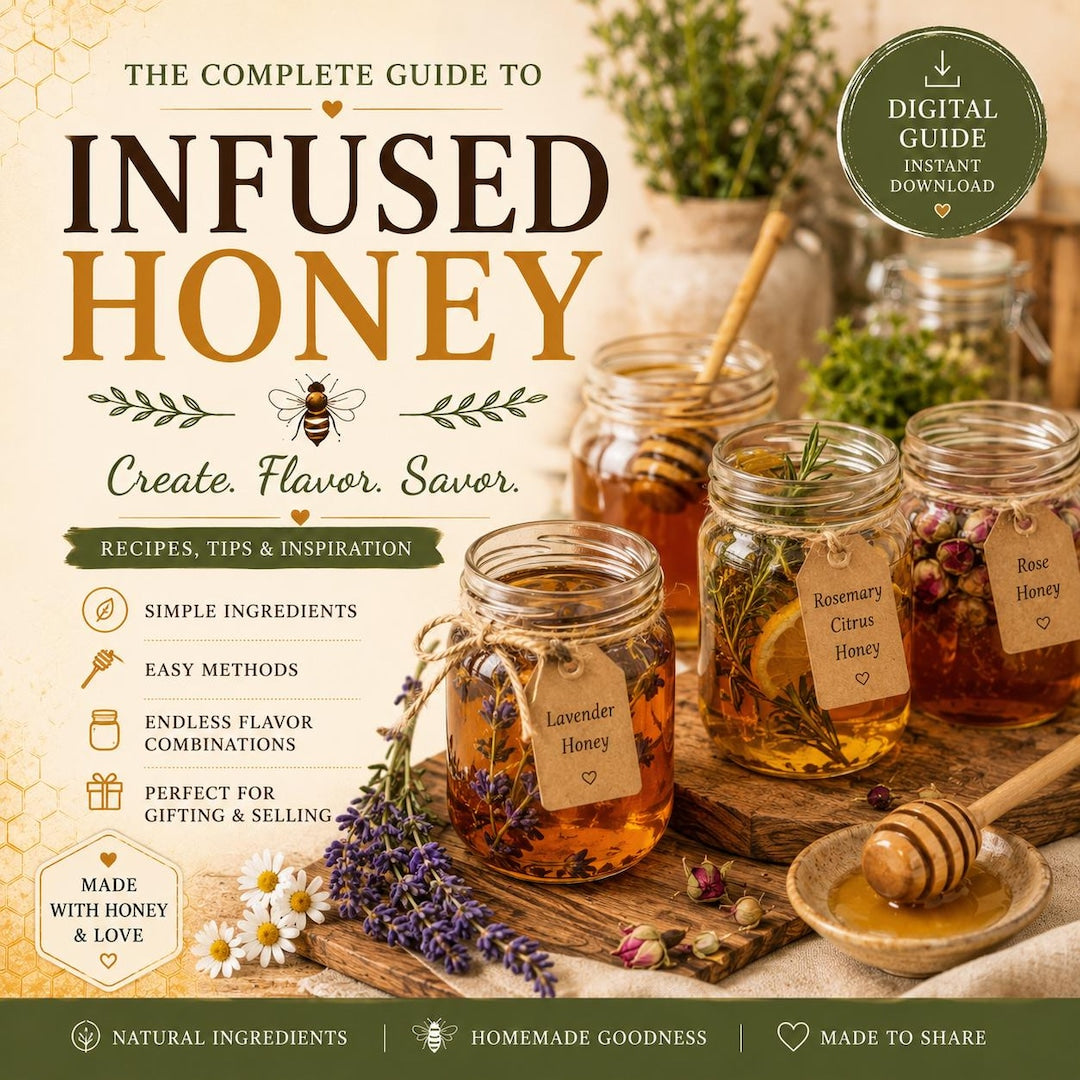 The Infused Honey Guide cover with jars of lavender, rosemary citrus, and rose infused honey, a wooden honey dipper, and lavender sprigs