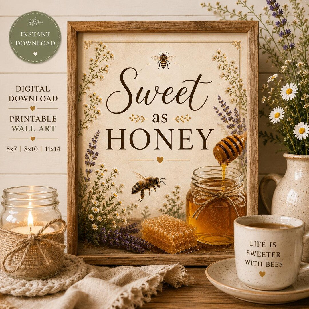 Sweet as Honey bee print displayed with honey, honeycomb, coffee, and a lit candle