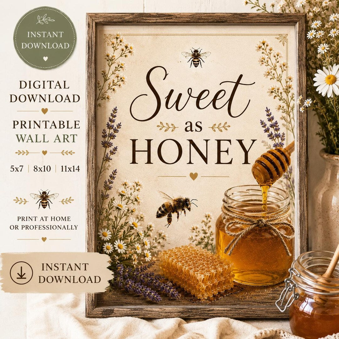 Sweet as Honey printable wall art with honey jar and wooden honey dipper