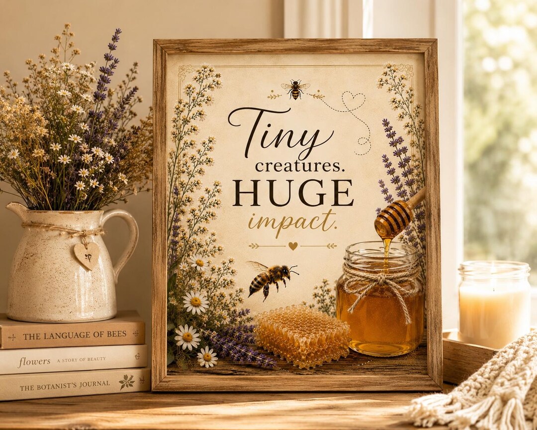 Tiny Creatures, Huge Impact bee print in a wooden frame beside a vase of flowers and books