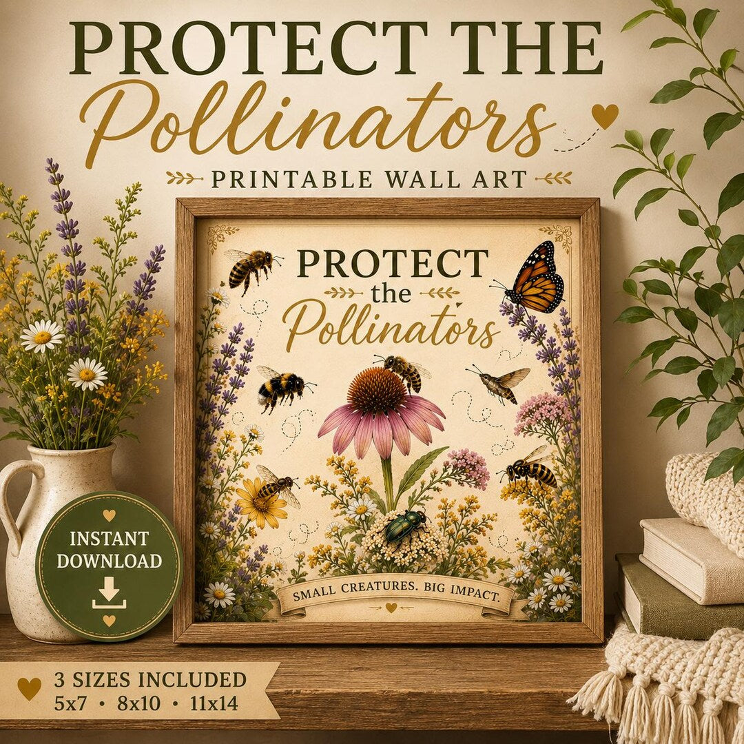 Framed Protect the Pollinators printable wall art with bees, a butterfly, and wildflowers