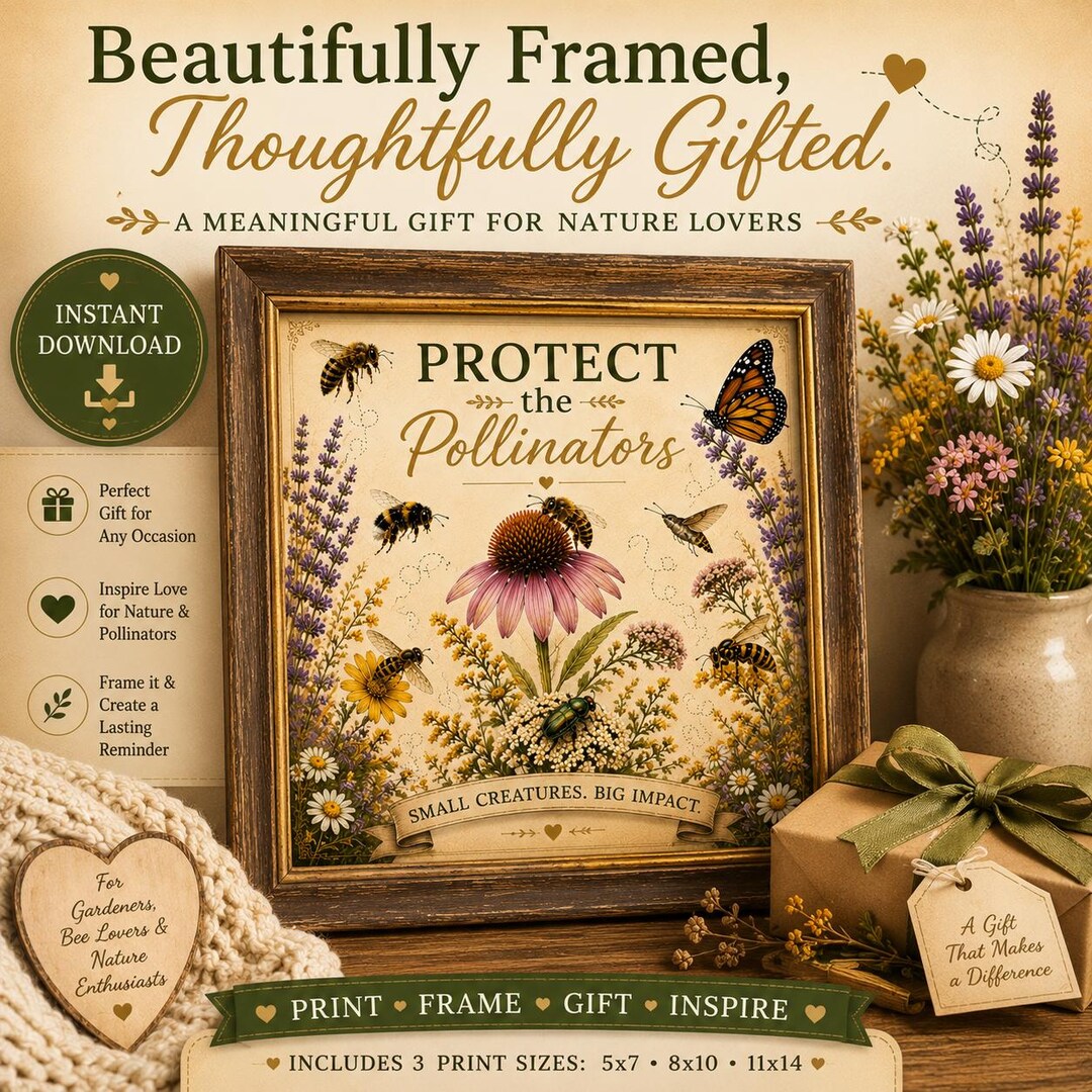 Protect the Pollinators print in a wooden frame beside a gift box and vase of flowers