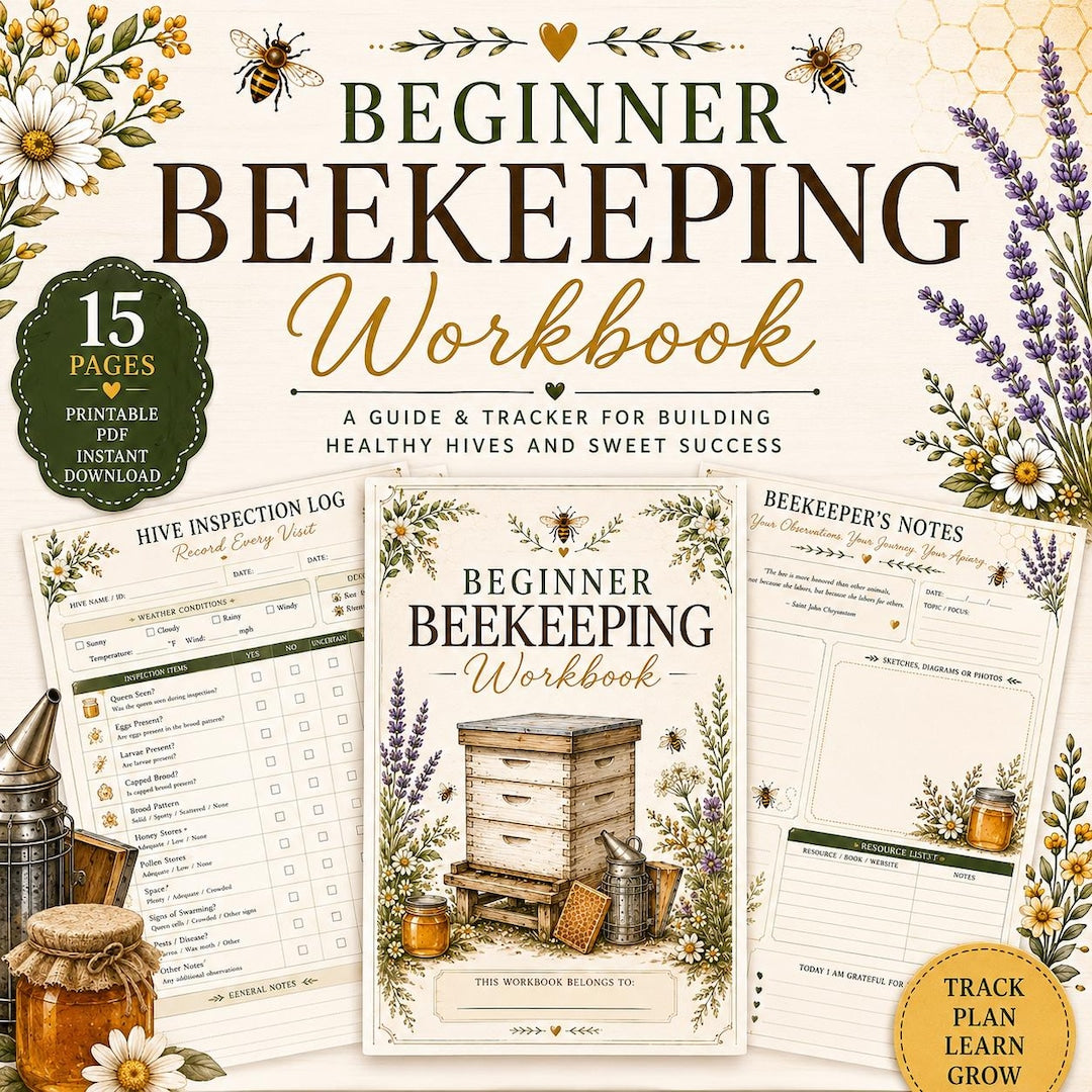 Beginner Beekeeping Workbook printable with hive inspection log and honey harvest tracker pages