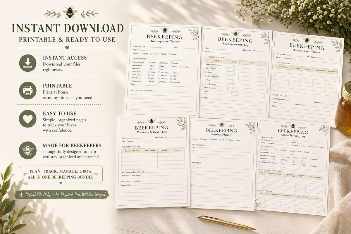 Printable beekeeping log sheets including hive inspection, honey harvest, and treatment records, in beige with green botanical and bee illustrations