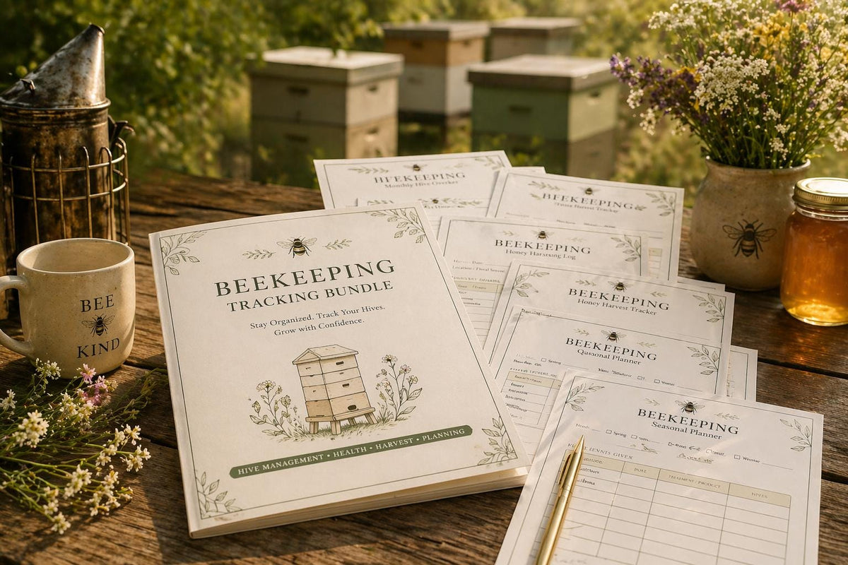 Beekeeping log book cover with beehive illustration displayed outdoors near beehives with a bee smoker and honey jar