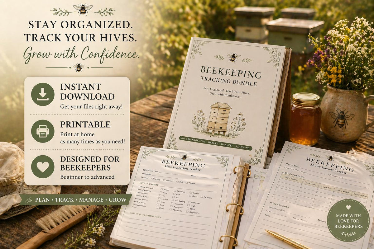 Beekeeping log book printables shown with a jar of honey and a vase of flowers