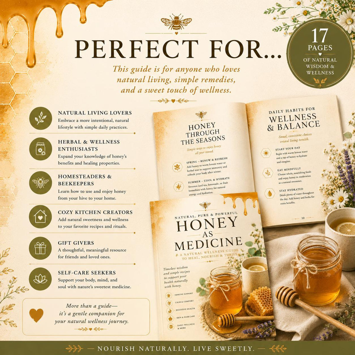 Who the Honey as Medicine Guide is perfect for, shown with jars of honey and honeycomb
