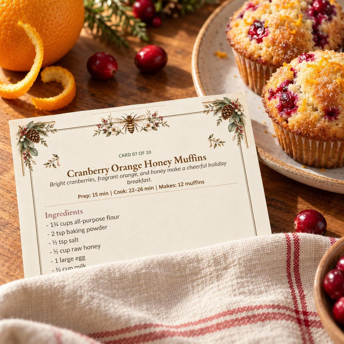 Cranberry Orange Honey Muffins recipe card on a kitchen table with fresh muffins, cranberries and a linen towel