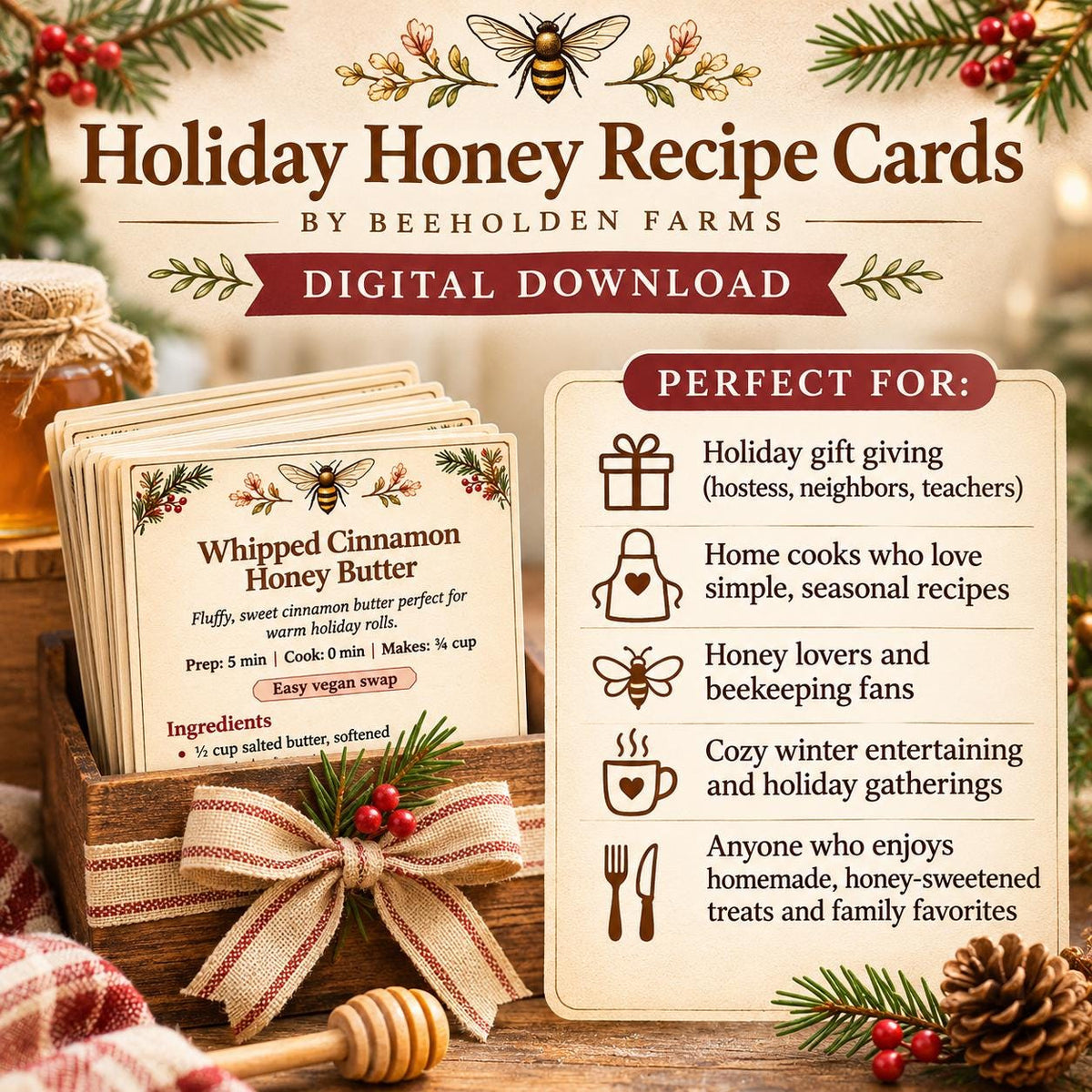 Holiday Honey Recipe Cards by Beeholden Farms, printable 5x7 digital download shown with a holiday gift basket and honey dipper