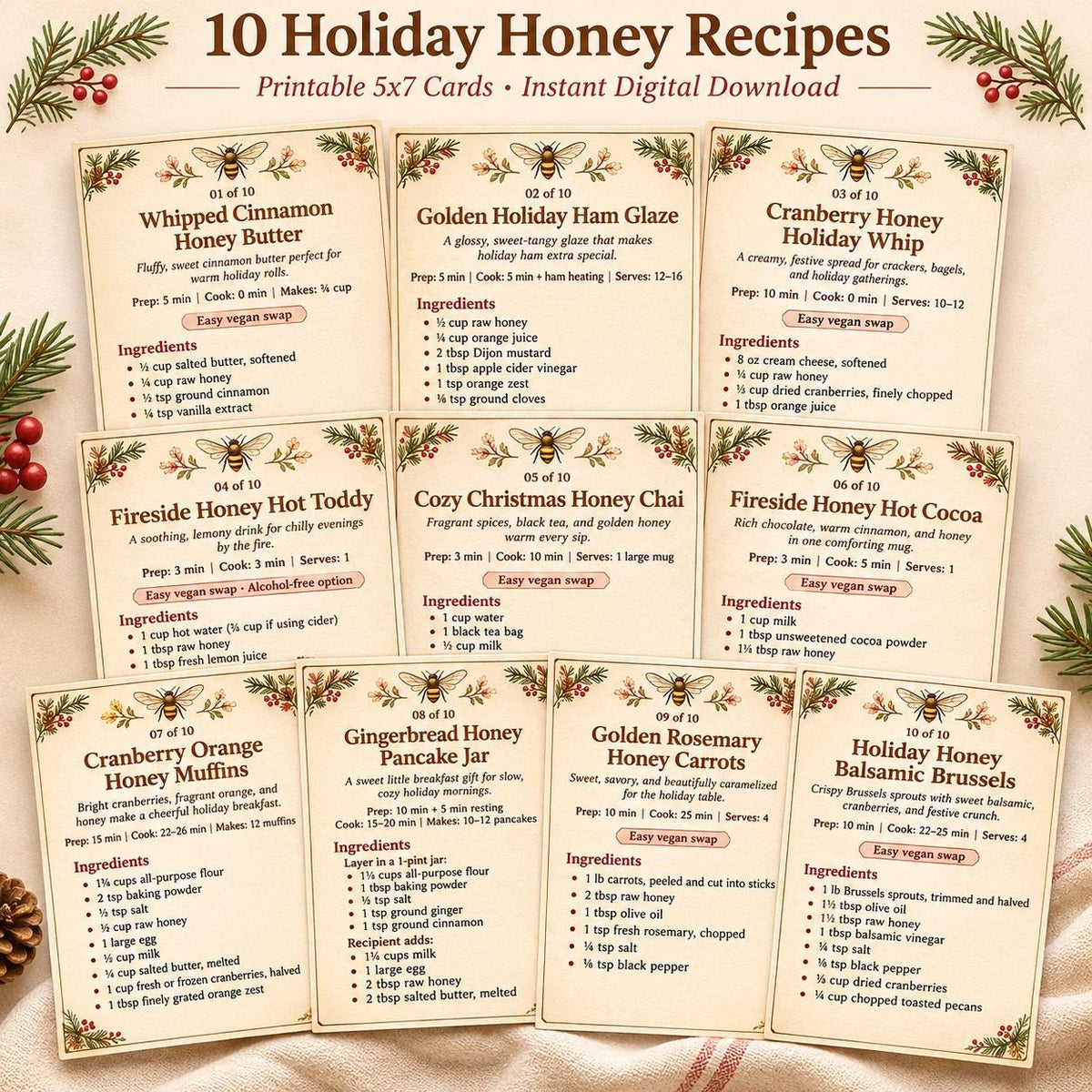 All 10 printable holiday honey recipe cards laid out in a grid, including honey butter, ham glaze, hot cocoa, chai and muffins