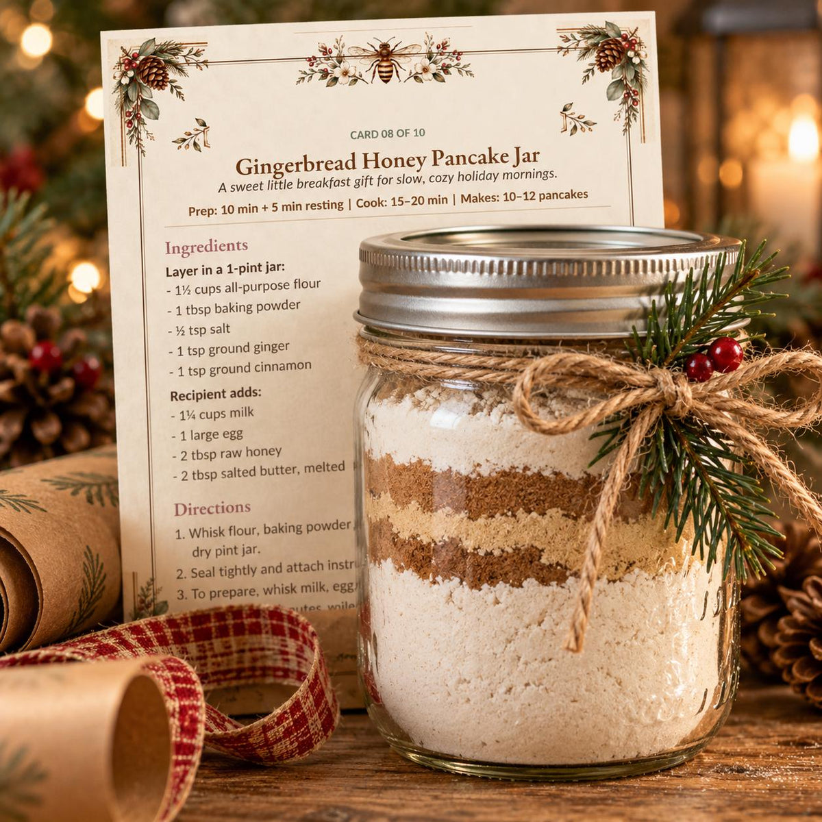 Gingerbread Honey Pancake Jar recipe card behind a layered mason jar gift tied with twine and pine