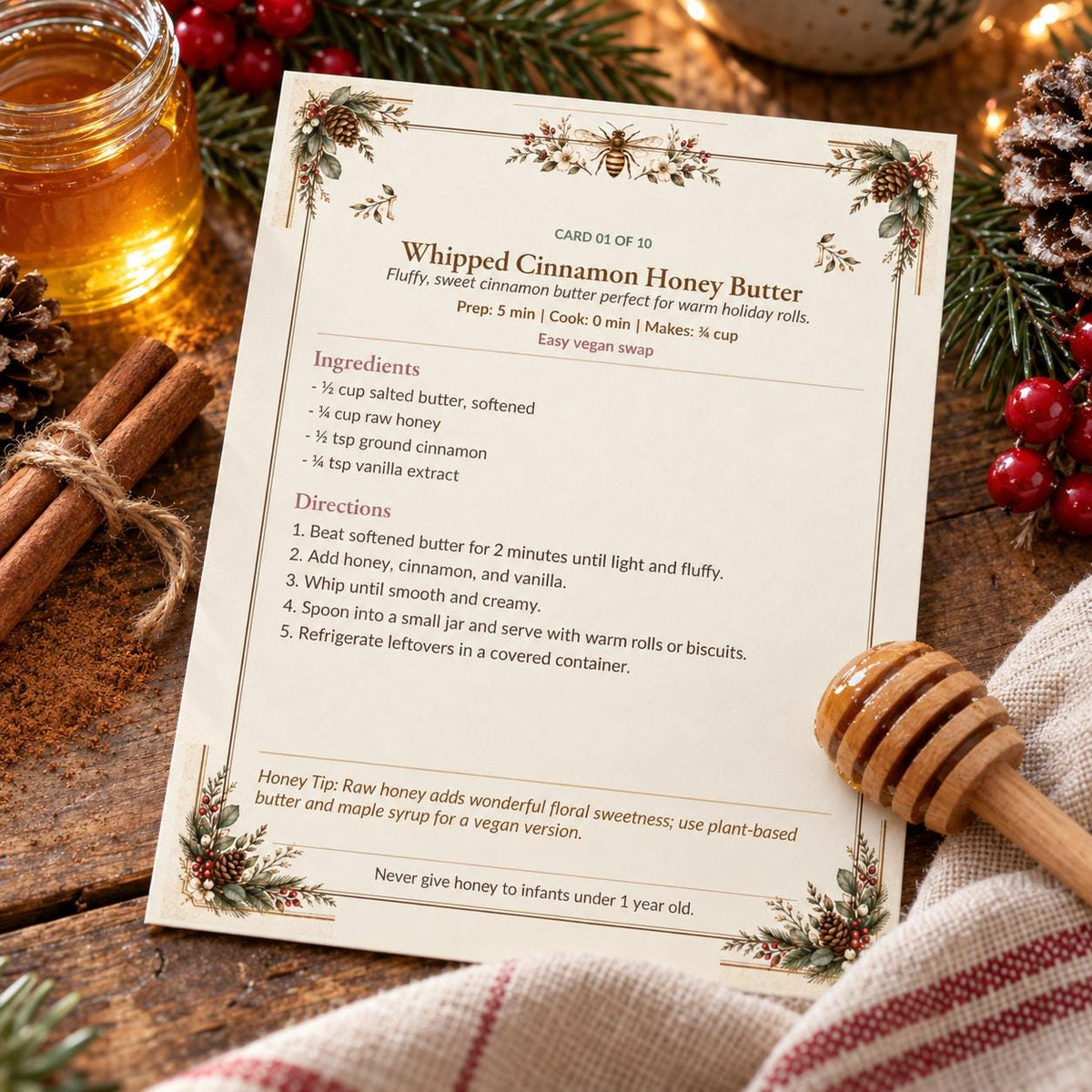 Whipped Cinnamon Honey Butter printable recipe card with a jar of honey, honey dipper and cinnamon sticks