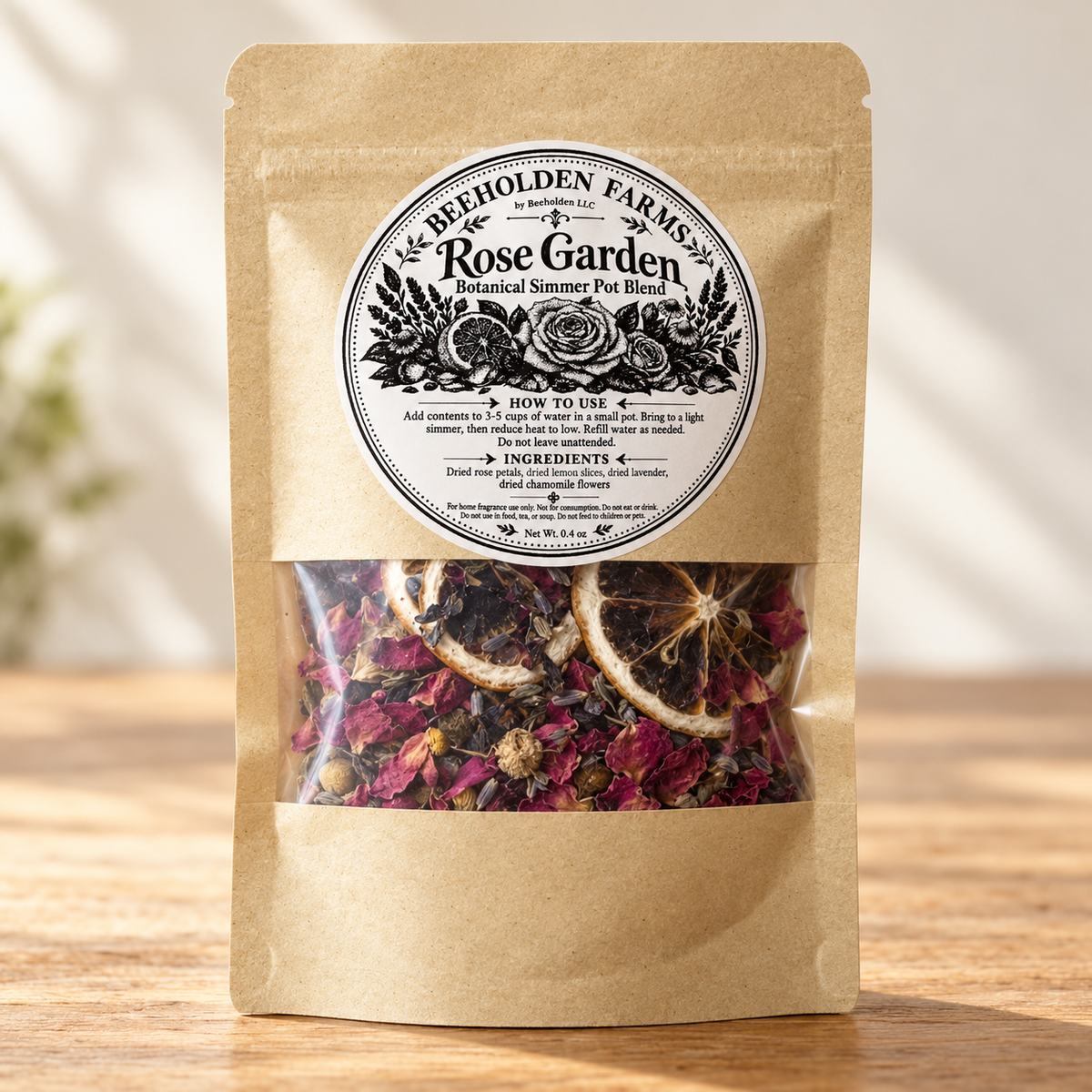 Rose Garden botanical simmer pot blend pouch by Beeholden Farms with dried rose petals, lemon slices, lavender and chamomile