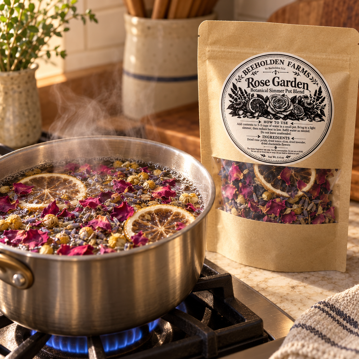 Rose Garden simmer pot blend simmering on the stovetop with rose petals, lemon, lavender and chamomile, next to the Beeholden Farms pouch