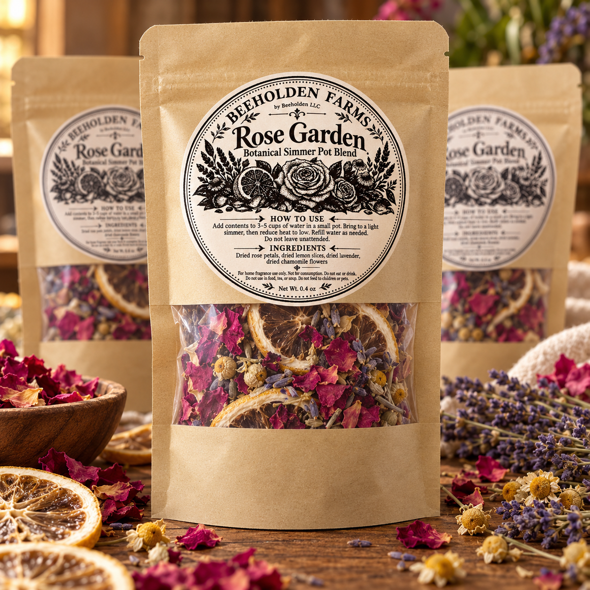 Rose Garden simmer pot blend pouches by Beeholden Farms with dried rose petals, lavender bundles, chamomile and lemon slices