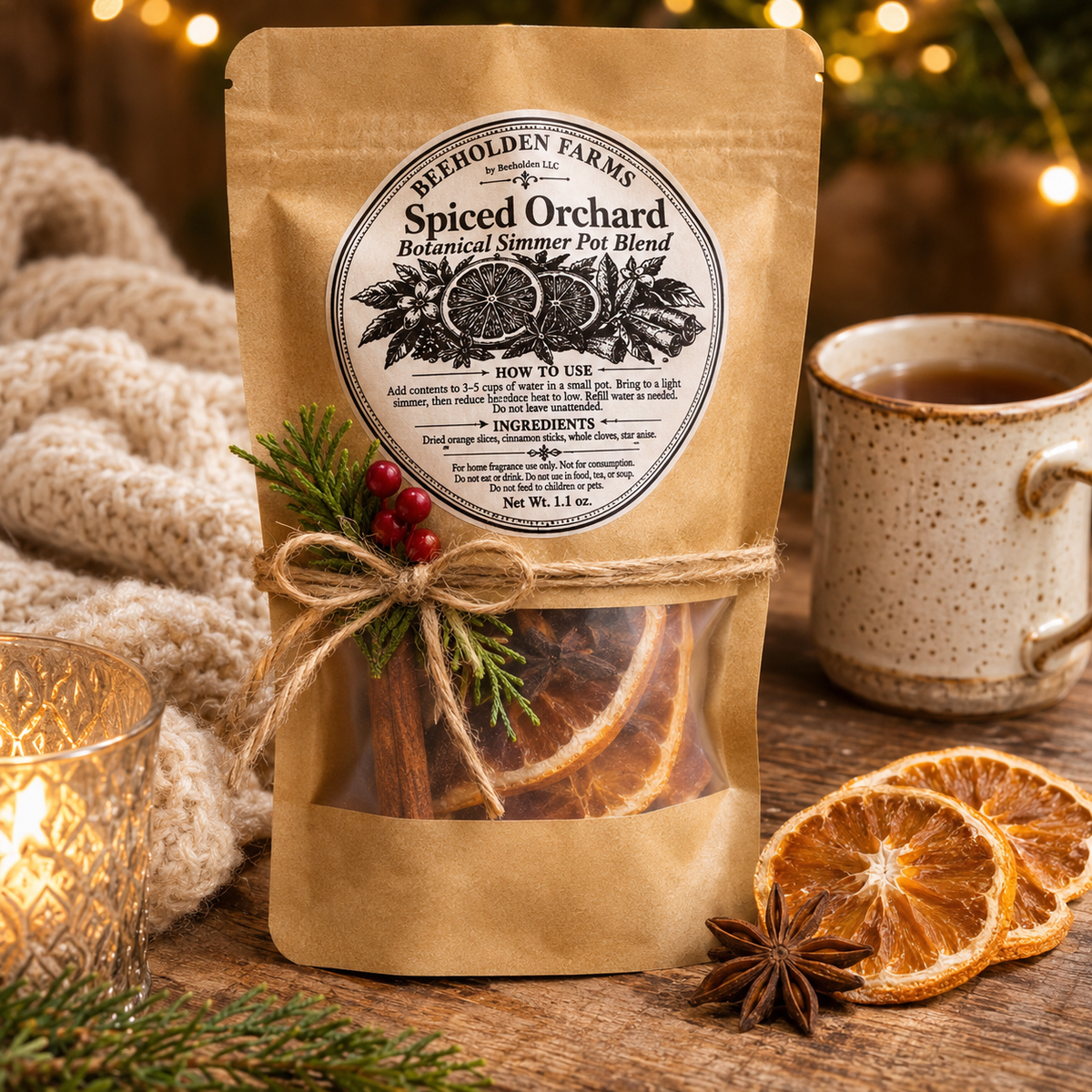 Spiced Orchard simmer pot blend pouch styled with twine and greenery for display, next to a mug and dried orange slices