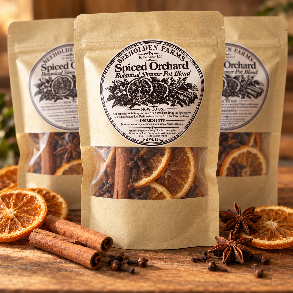 Spiced Orchard simmer pot blend pouches by Beeholden Farms with cinnamon sticks, star anise and dried oranges